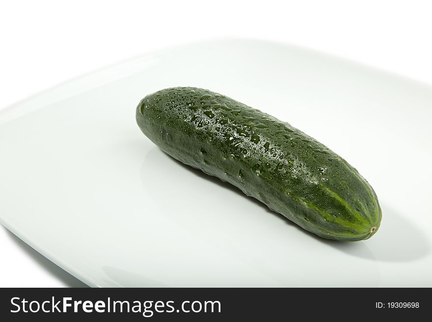 A green cucumber on a white plate with waterdrops on white background. A green cucumber on a white plate with waterdrops on white background