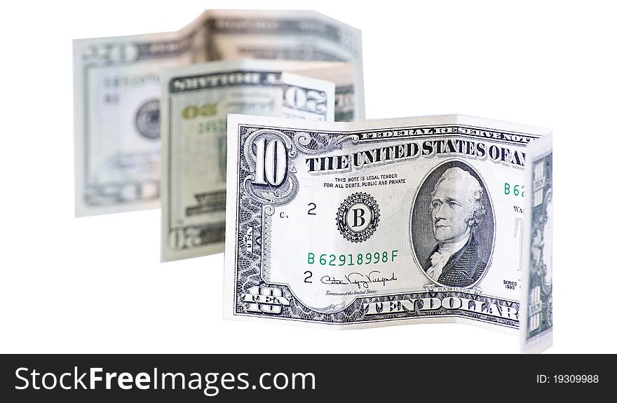 Ten and twenty american dollars on white background