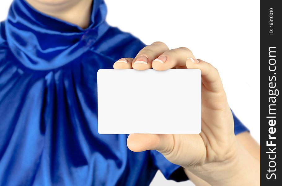 Businesswoman showing a blank business card