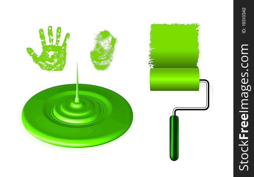 Paint brush, green pouring and fingerprint on white background. Paint brush, green pouring and fingerprint on white background