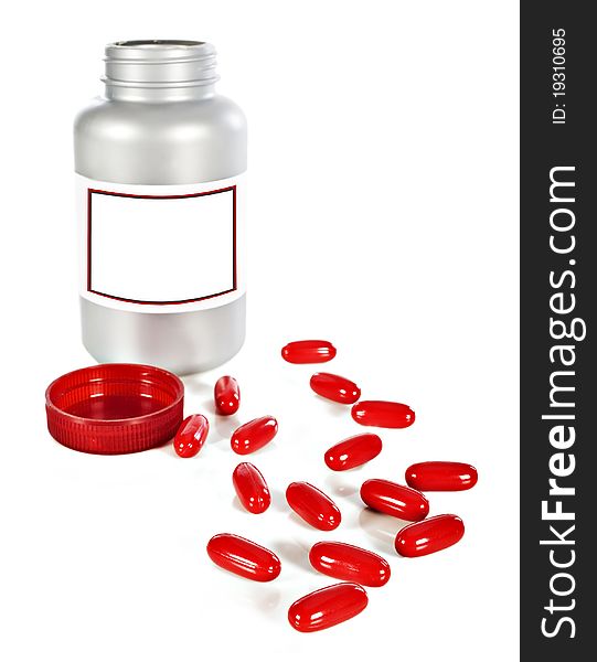 A Bottle of red pills for joy on a white background with space for text