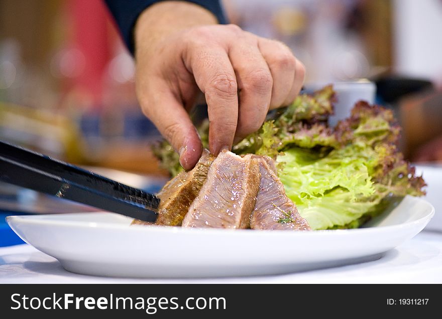 Sliced fillet mignon on a plate