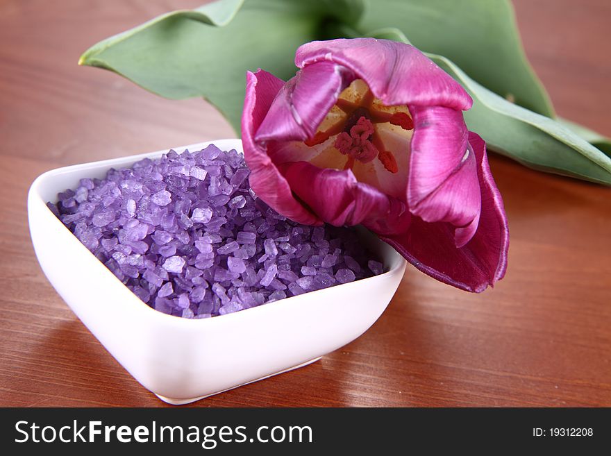 Lavender spa salt and a tulip flower