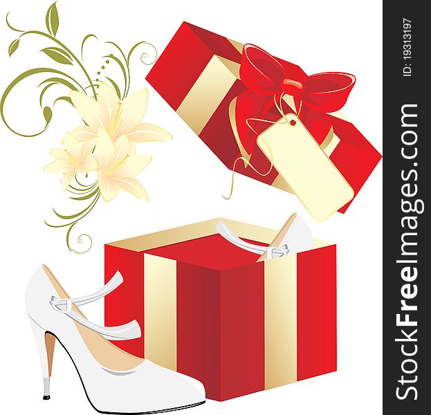 Elegant white shoes in a gift. Illustration