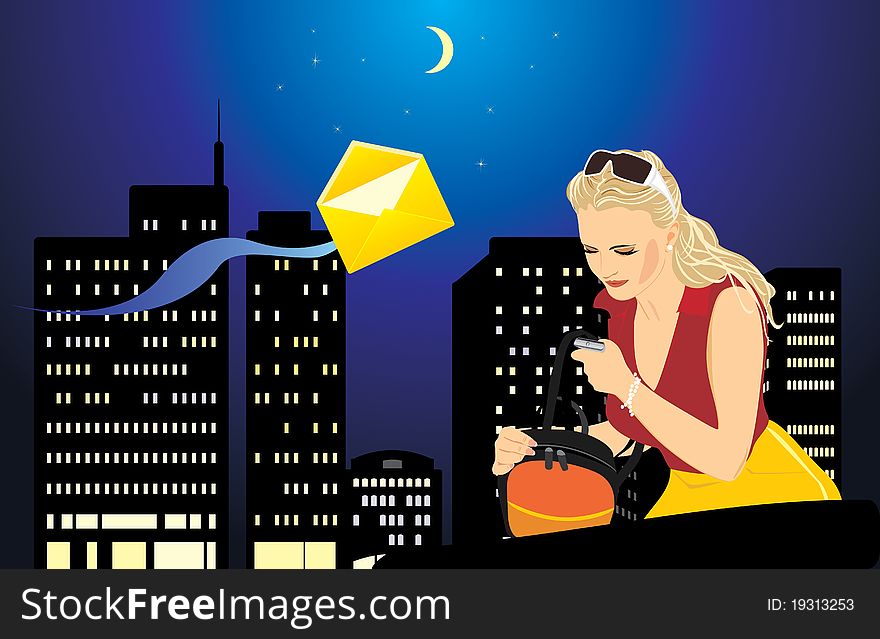 Woman With A Mobile Telephone And Bag. Night City