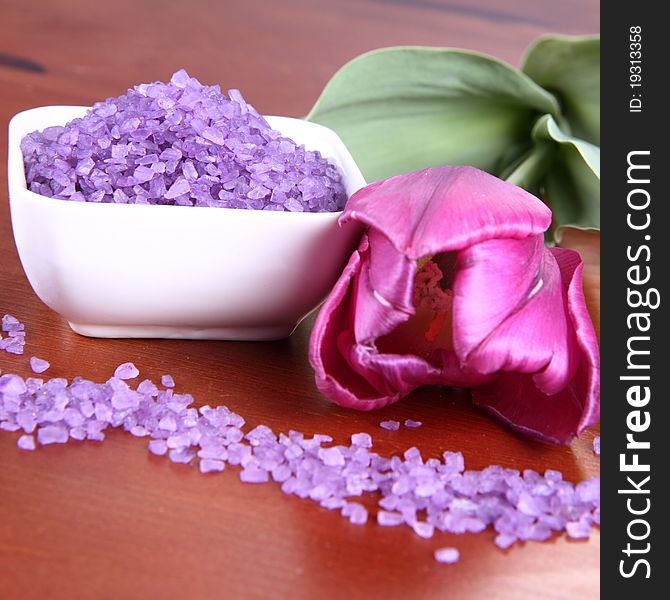 Lavender spa salt and a tulip flower