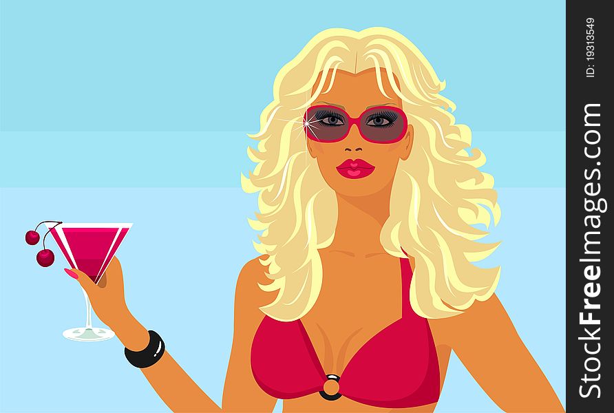 Girl in bikini with a cocktail on the beach. Girl in bikini with a cocktail on the beach.