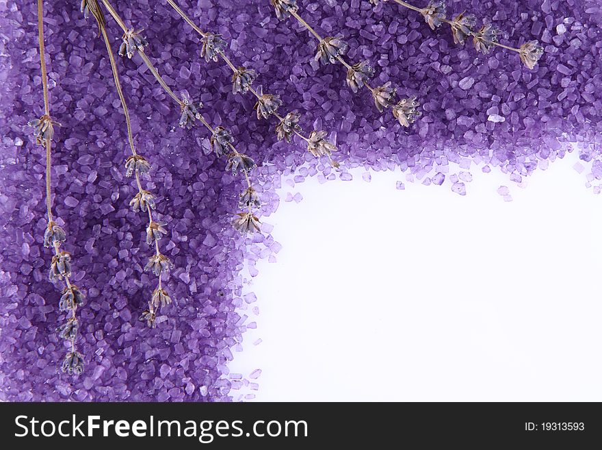 Lavender spa salt and lavender flowers background. Lavender spa salt and lavender flowers background
