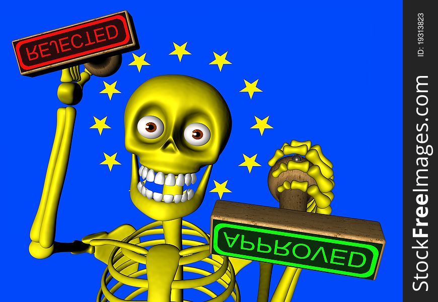 Computer generated 3D illustration of Cute skeleton officer gives stamp approved / rejected. Theme of approval, bureaucracy … cartoon. Computer generated 3D illustration of Cute skeleton officer gives stamp approved / rejected. Theme of approval, bureaucracy … cartoon