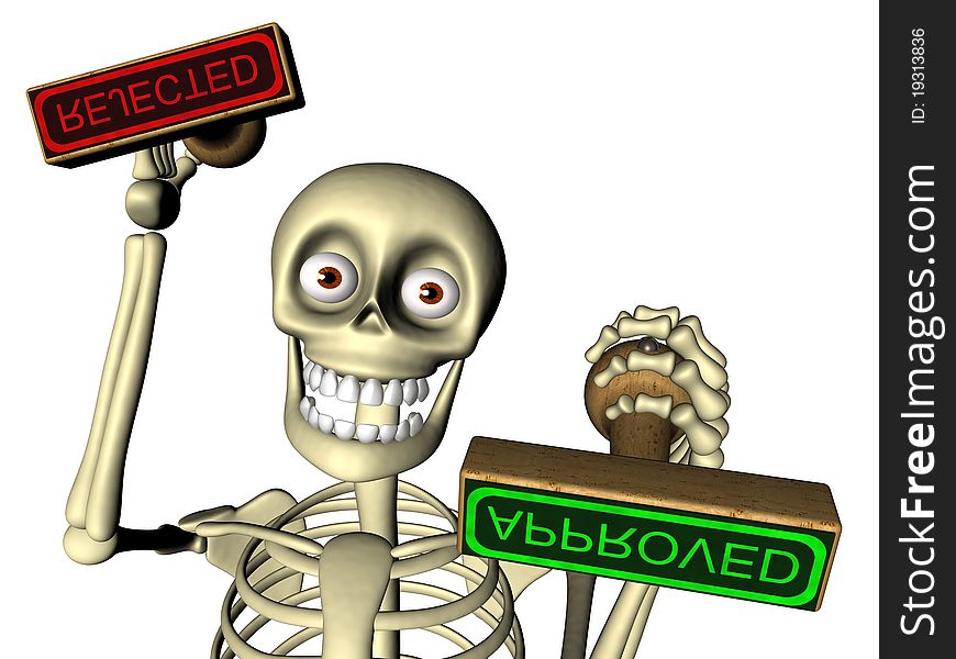 Computer generated 3D illustration of Cute skeleton officer gives stamp approved / rejected. Theme of approval, bureaucracy â€¦