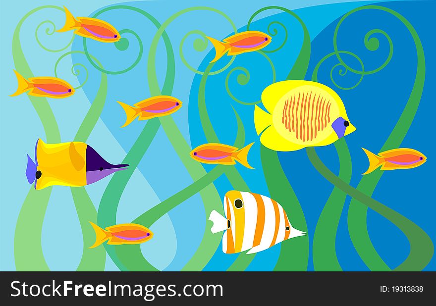 Marine background with different fish