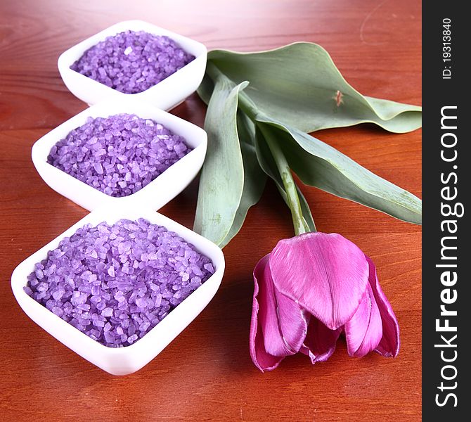 Lavender spa salt and a tulip flower