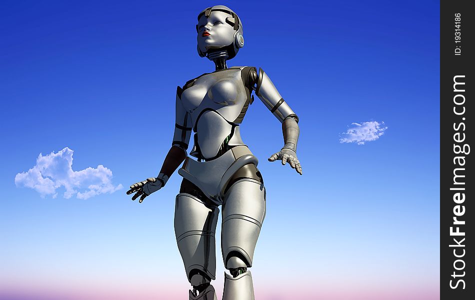 Robot on a background of the sky. Robot on a background of the sky