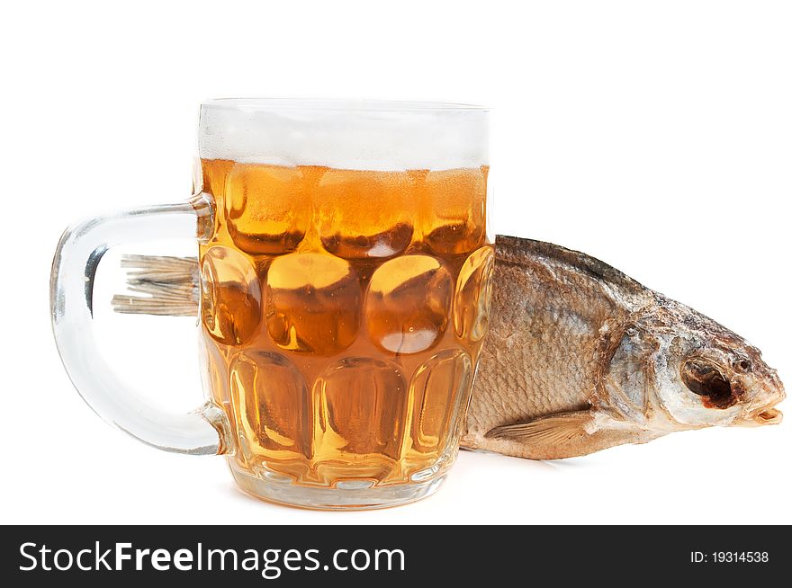 Sea roach and beer isolated on a white background