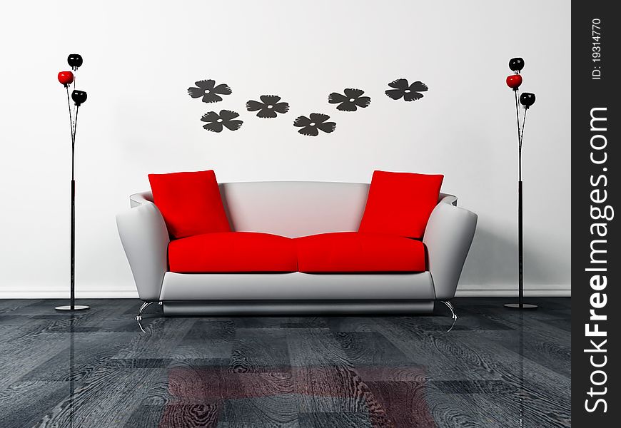 Modern interior design of living room with a gray and red sofa and the lamps. Modern interior design of living room with a gray and red sofa and the lamps