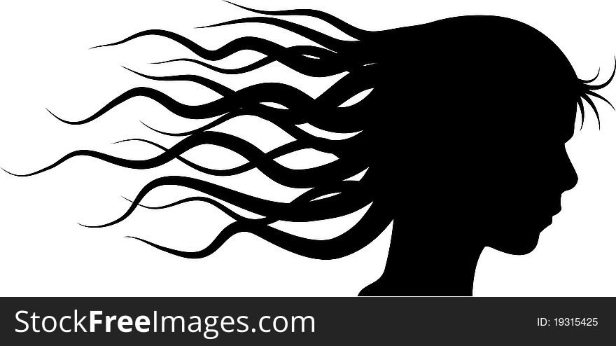 A silhouette of a head with hair in the wind. A silhouette of a head with hair in the wind.