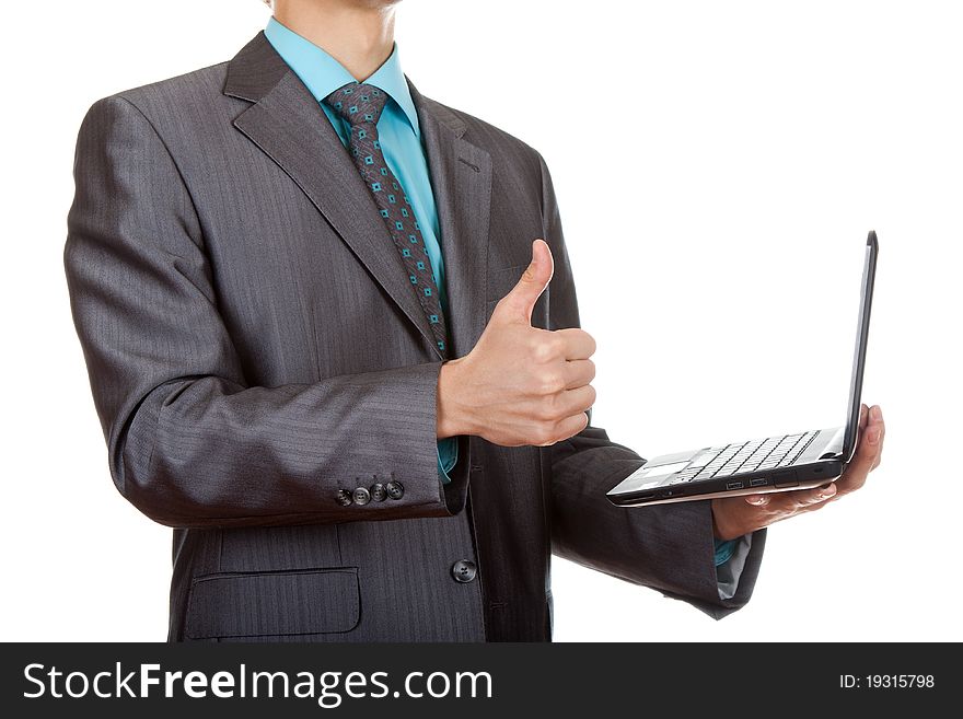 Businessman or student with a laptop and thumb up isolated over white background. Businessman or student with a laptop and thumb up isolated over white background