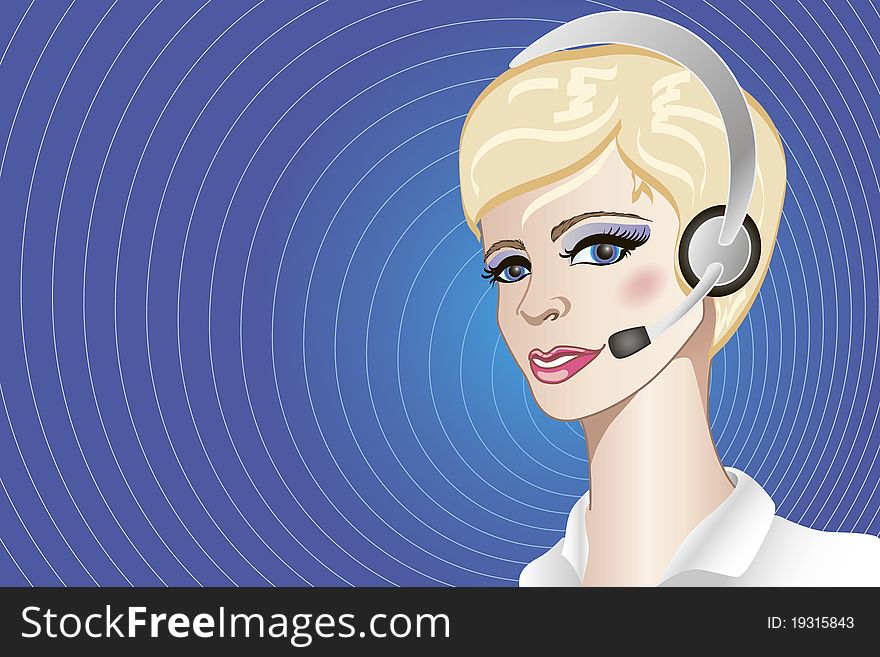 Illustration of pretty call-center operator on blue background with much place for your text. Illustration of pretty call-center operator on blue background with much place for your text