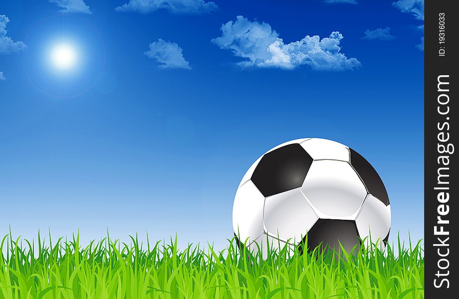 Illustration of soccer ball in the grass and blue sky