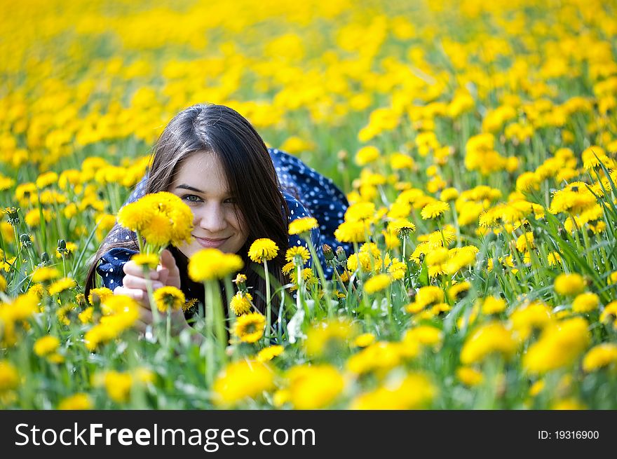She is enjoying free time laying on a field. She is enjoying free time laying on a field