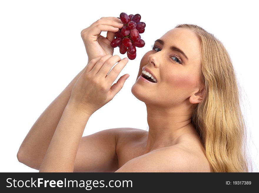 Sexy Caucasian Woman Holding Red Grapes