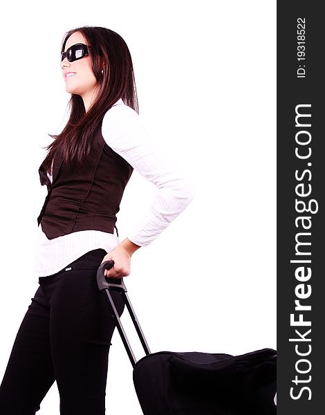 Beautiful business girl with a travel bag over white background