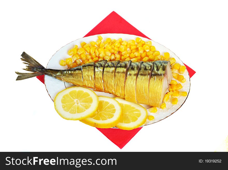 Hot smoked mackerel with lemon and corn