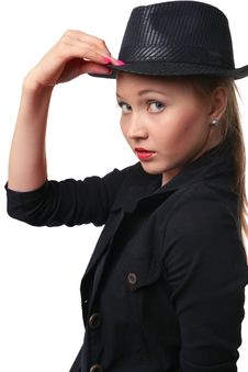 Beautiful Young Woman Holds Her Hat Bolder. Stock Photography Beautiful Young Woman Holds Her Hat Bolder. Stock Photography