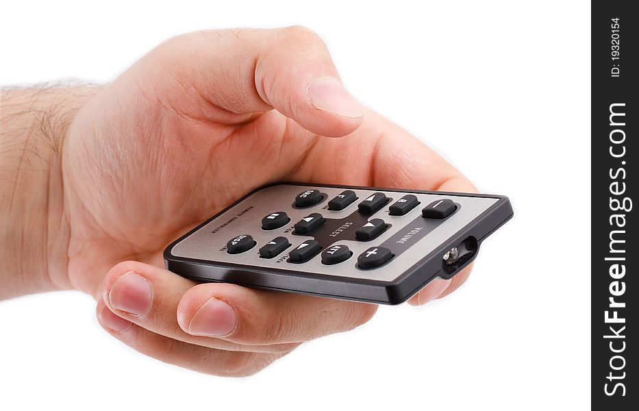 Remote controller in hand on white background
