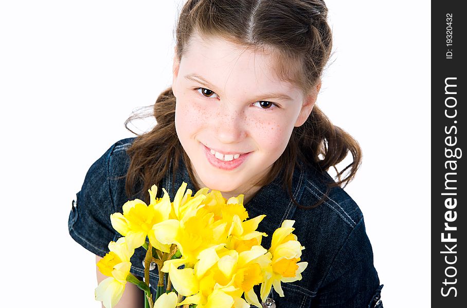 Cute little girl giving flowers
