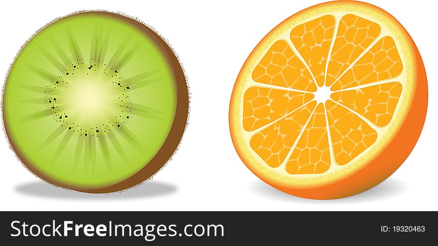 Orange and kiwi cut on half-and-half in a Vector EPS10. Orange and kiwi cut on half-and-half in a Vector EPS10