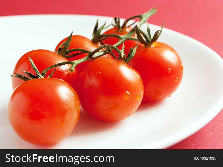 Closeup of cherry tomatoes stem on white plate and red background. Closeup of cherry tomatoes stem on white plate and red background