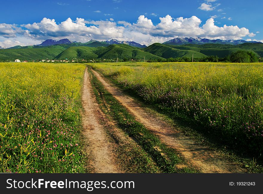 The Road in the mountains through the field. Blue sky with clouds. The Road in the mountains through the field. Blue sky with clouds.