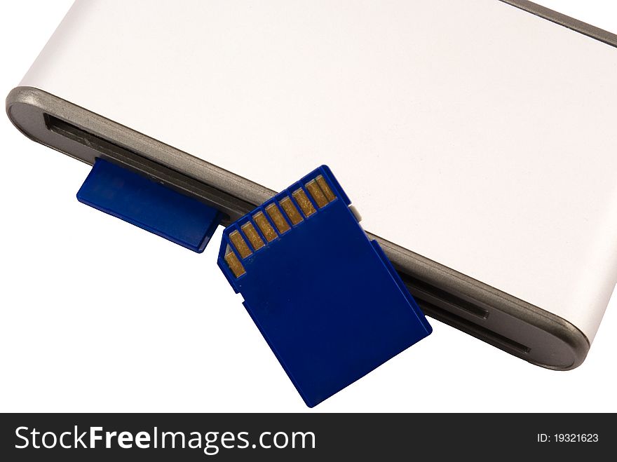 Card reader and two memory cards on a white background