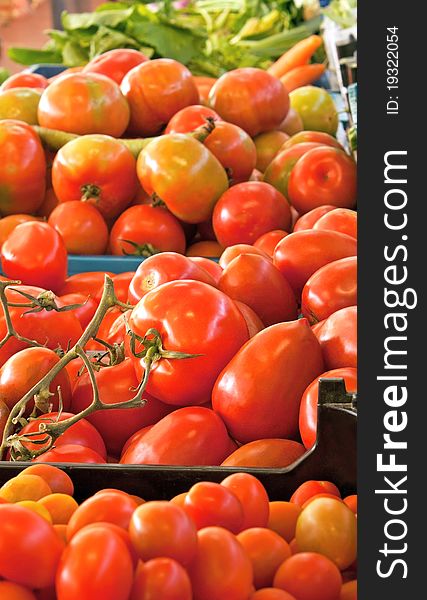 Red fresh tomatoes on the local market. Red fresh tomatoes on the local market