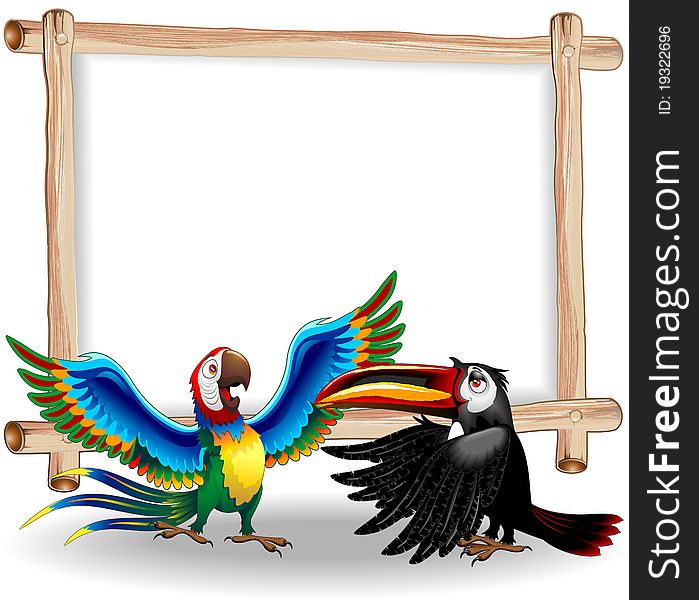 Funny Macaw and Funny Toucan with a Panel Background. Funny Macaw and Funny Toucan with a Panel Background.