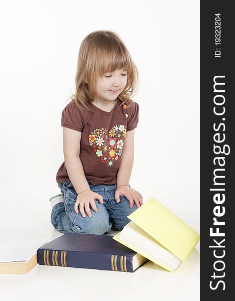 Girl With Books Over White