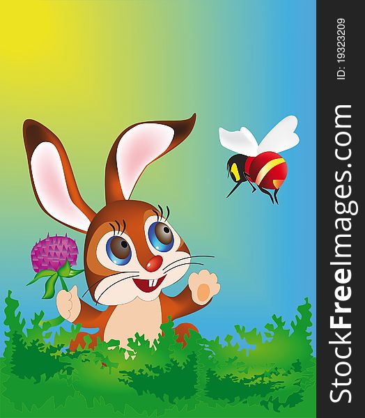 Hare with flower on the greenland and bee. Hare with flower on the greenland and bee