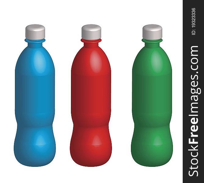 Three plastic varicoloured bottles on white background