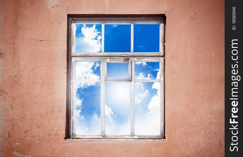 Closed window with blue cloud landscape. Closed window with blue cloud landscape
