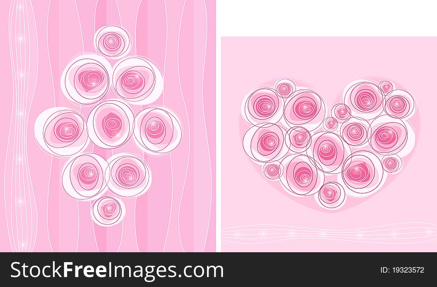 Two roses cards in pink background. Two roses cards in pink background