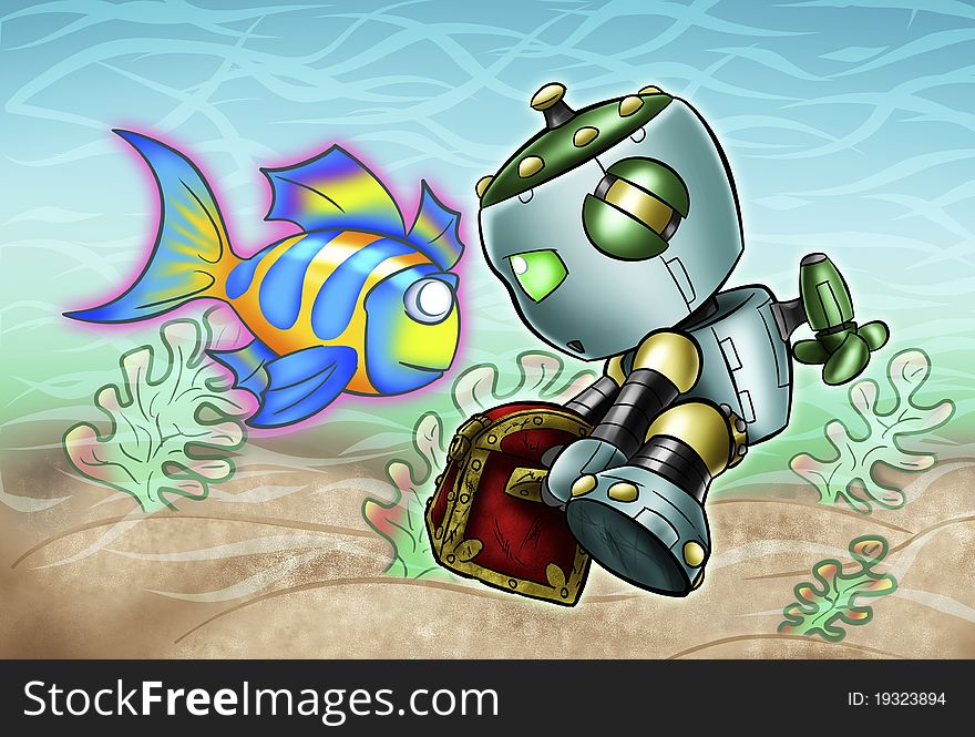 Underwater treasure hunting pirate robot. Underwater treasure hunting pirate robot.