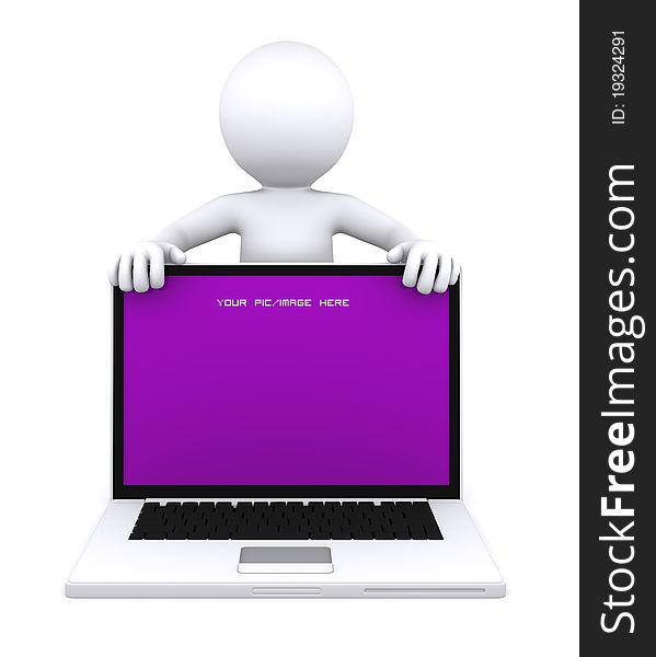 3D character showing laptop with empty screen. Advertising concept