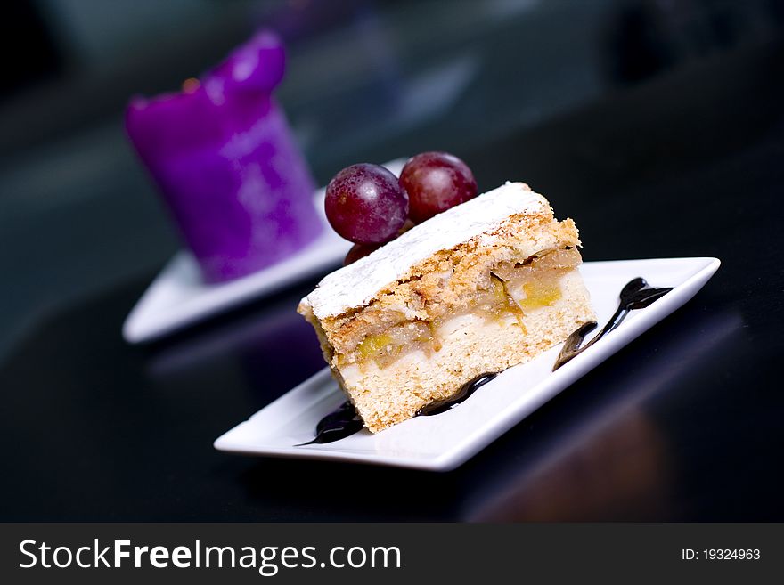 Apple cake served in a restaurant