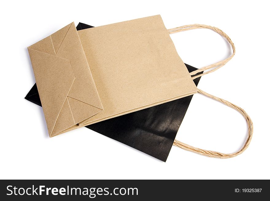 Two paper bag black and brown recycle on white isolated. Two paper bag black and brown recycle on white isolated