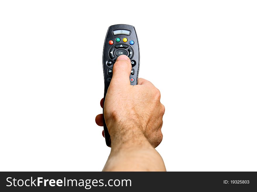 Remote control in man's hand, isolated on white. Remote control in man's hand, isolated on white