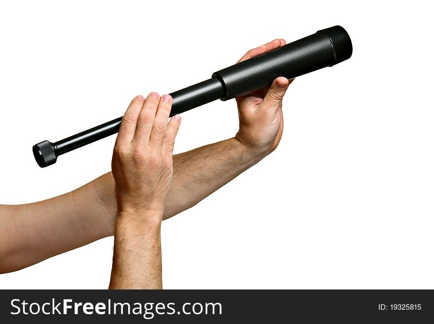 Monocular - telescope in man's hands, isolated on white