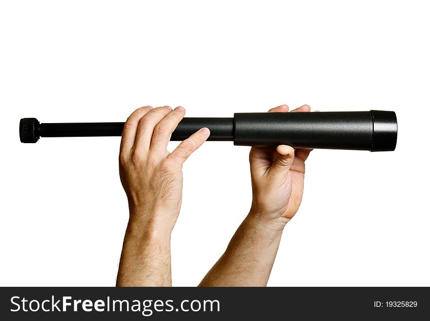 Monocular - telescope in man's hands, isolated on white