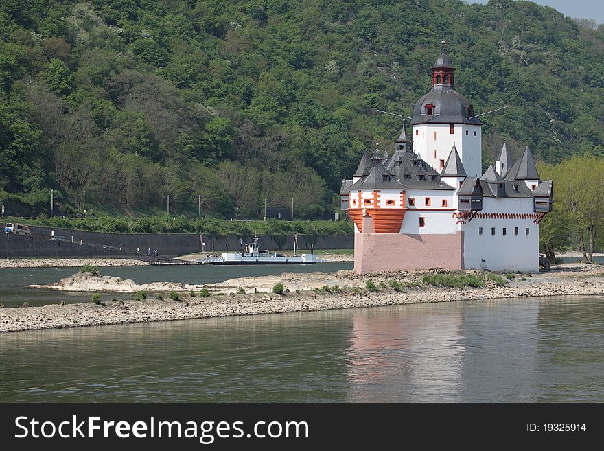 The pfalz castle set on the island in the Rhine river, Germany.