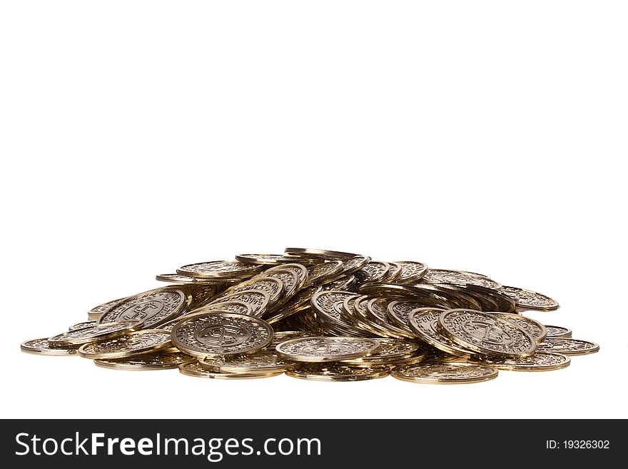 Pile of golden coins isolated on a white background. Pile of golden coins isolated on a white background.